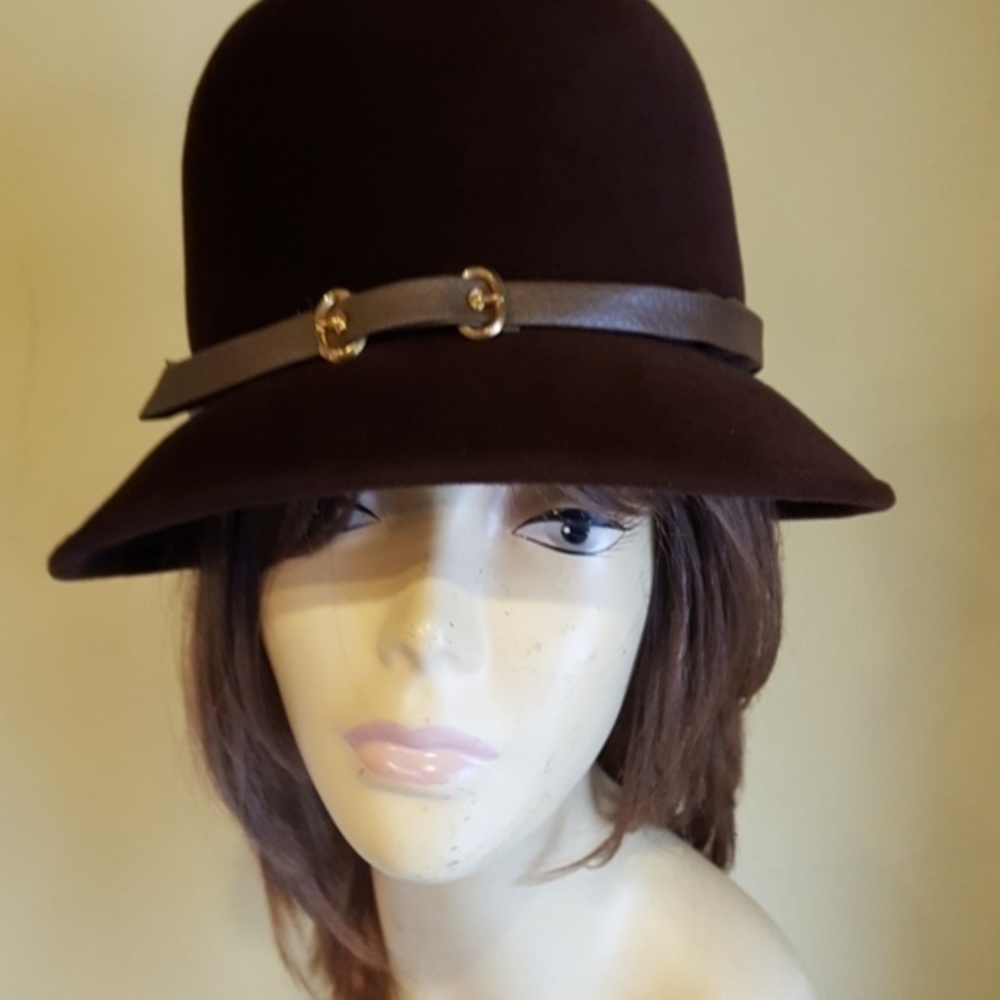 VINTAGE CHOCOLATE BROWN GENUINE VELOUR LEATHER TRIM HAT - Picture 2 of 6